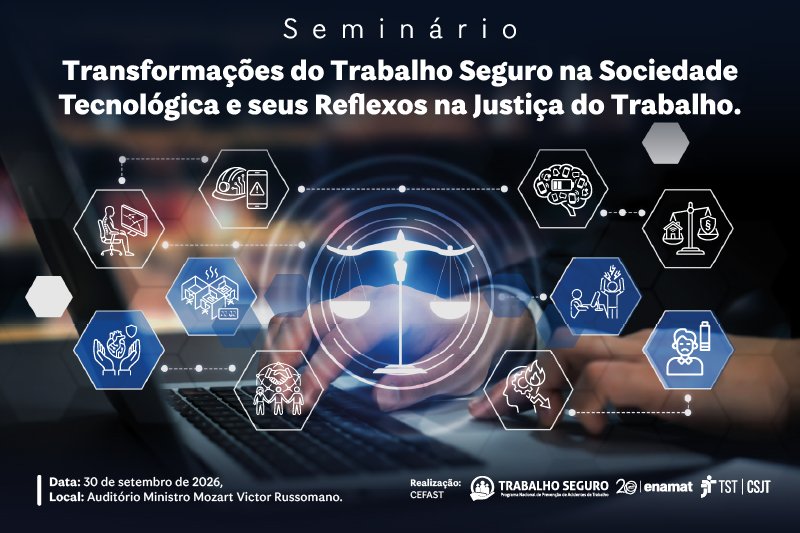 Arte de fundo escuro com ícones da balança da justiça no centro e outros ao redor com o texto: