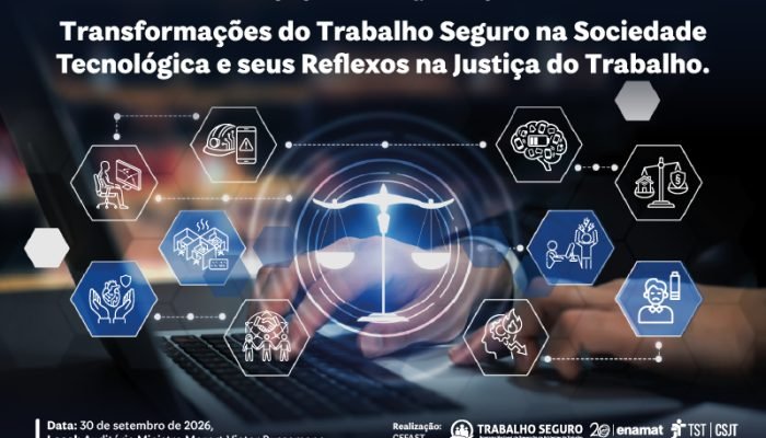 Arte de fundo escuro com ícones da balança da justiça no centro e outros ao redor com o texto: